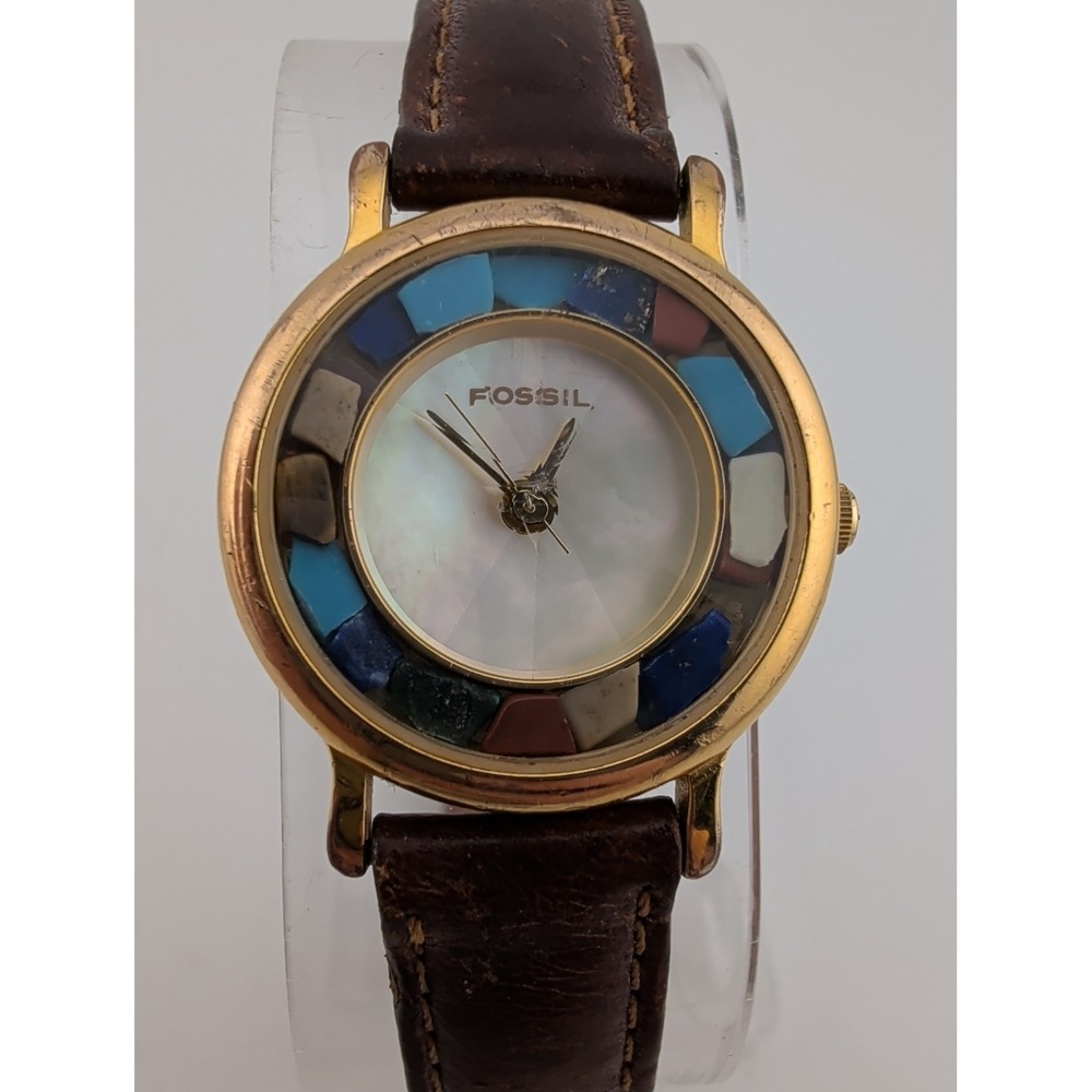 Vintage Fossil Women's Watch 28mm Mosaic Stone Bezel Leather PC-7331 New Battery